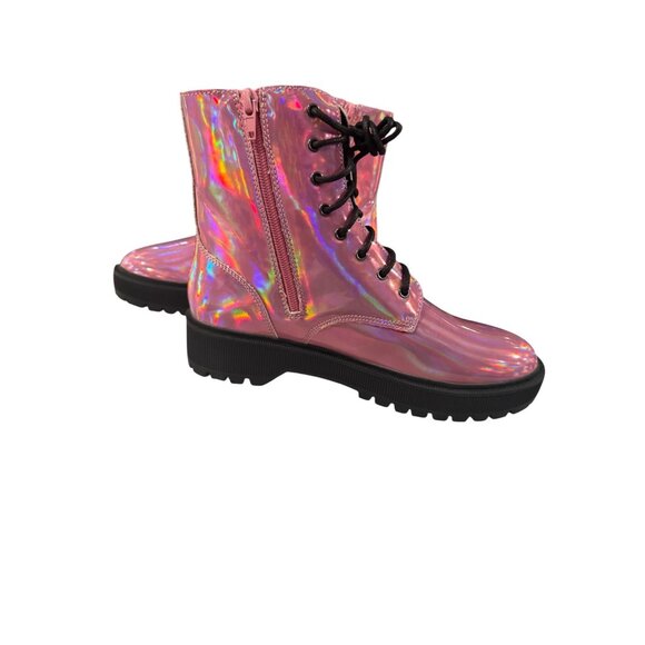 Holographic Pink Combat Boots With Black Soles & Laces Side Zipper Closure - Picture 1 of 6
